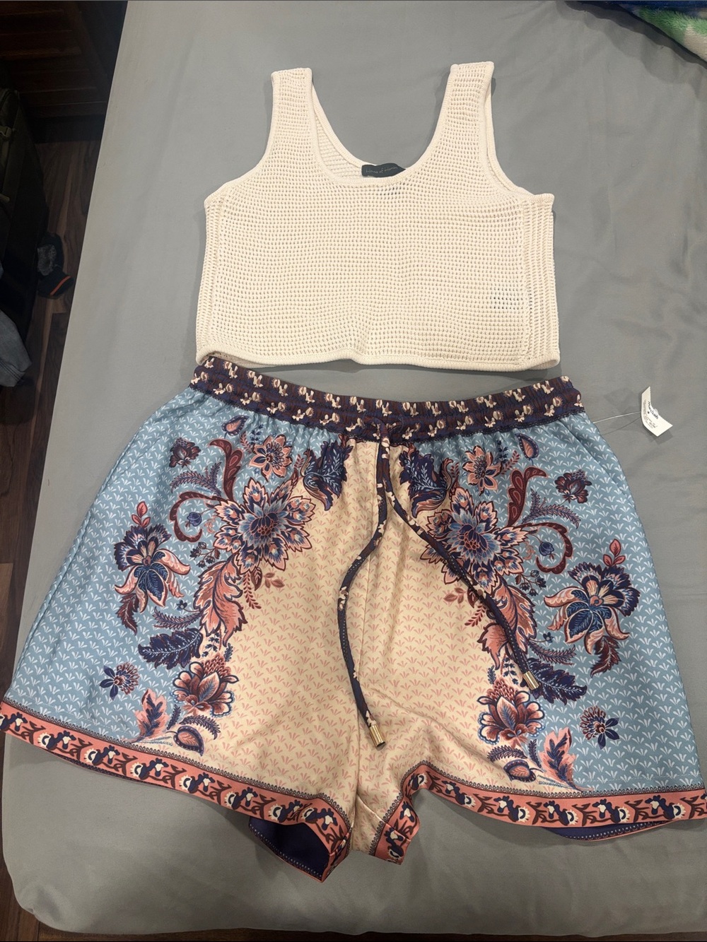 House of Harlow 1960 Floral High-Waist Shorts in Light Blue and Cream